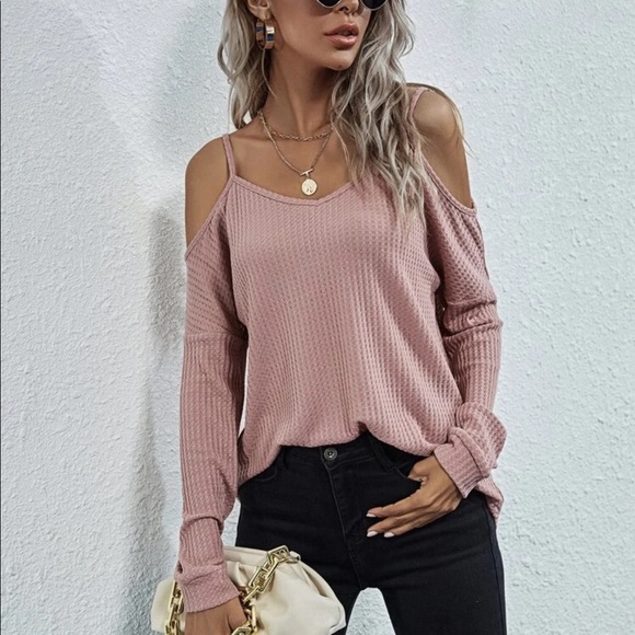 Waffle knit long sleeve cold shoulder top white - Picture 3 of 8